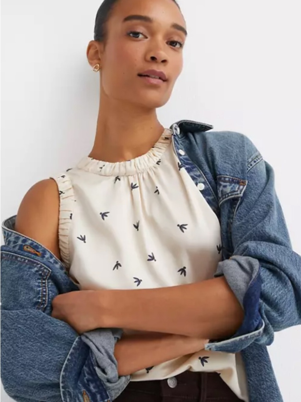 LOFT Sleeveless Ruffle Neck Shell Cream with Navy Bird Print